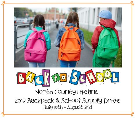 three kids wearing bag pack looking away from the camera with text back to school north county lifeline 2019 backpack and school supply drive july 10th - august 2nd.jpg